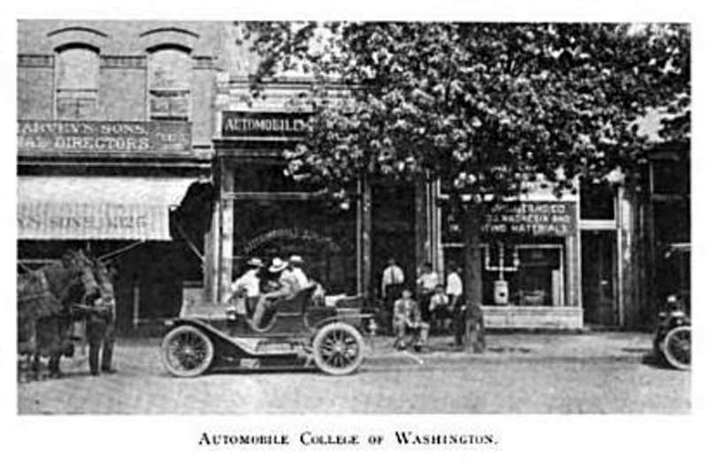 Photo of the Automobile College of Washington from the August 11, 1909 issue of The Horseless Age magazine (Google Books)